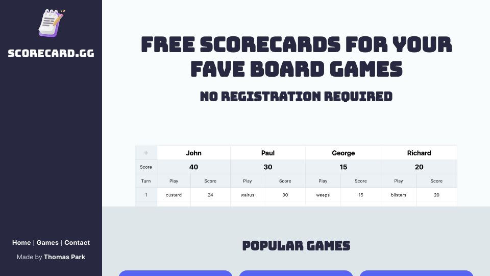 Screenshot of scorecard.gg: Show HN: Scorecard.gg – minimalist scoring tool for your favorite board games