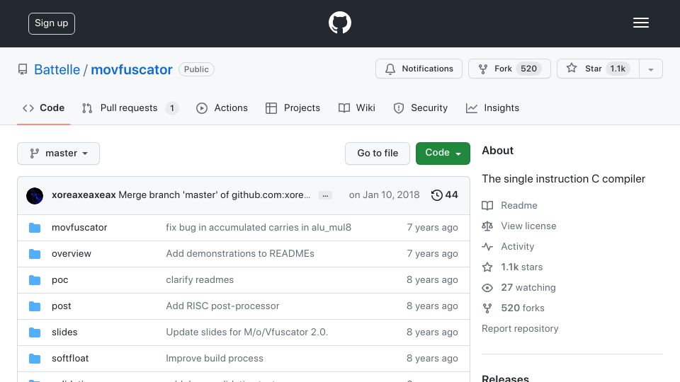 Screenshot of github.com: M/o/Vfuscator: A single instruction C compiler