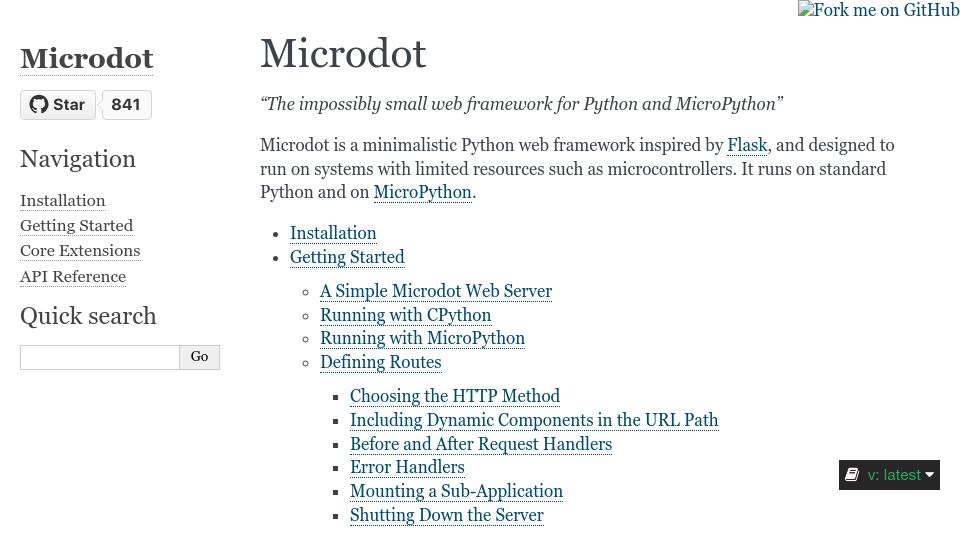 Screenshot of microdot.readthedocs.io: Microdot