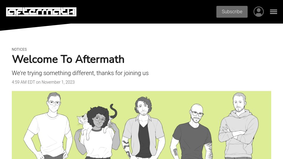 Screenshot of aftermath.site: Ex-Kotaku staff go independent and launch Aftermath