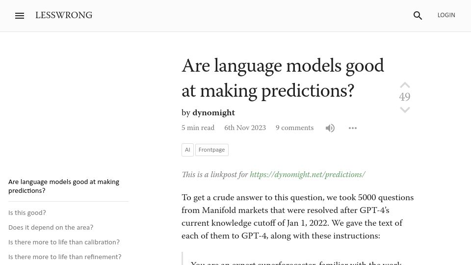 Screenshot of lesswrong.com: Are language models good at making predictions?