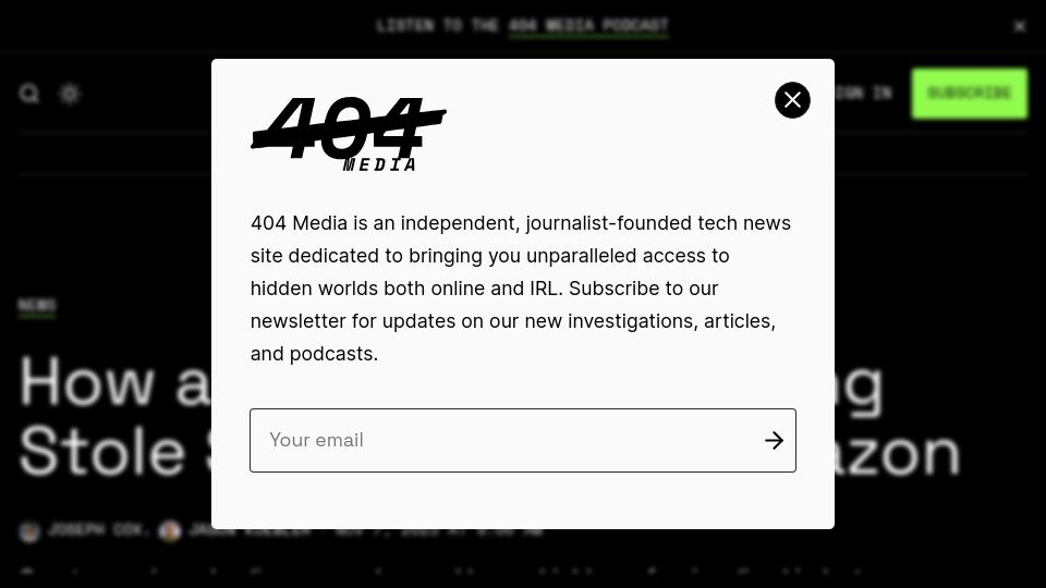 Screenshot of 404media.co: How a 'Refund Fraud' Gang Stole $700k from Amazon
