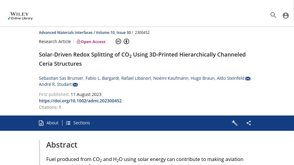 Screenshot of onlinelibrary.wiley.com: Solar Splitting of CO2 with 3D-Printed Hierarchically Channeled Ceria Structures