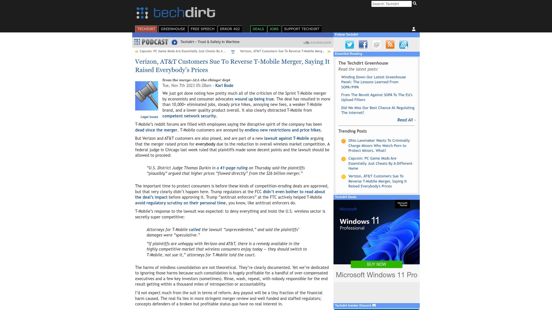 Screenshot of techdirt.com: Verizon, AT&T customers sue to undo T-Mobile merger