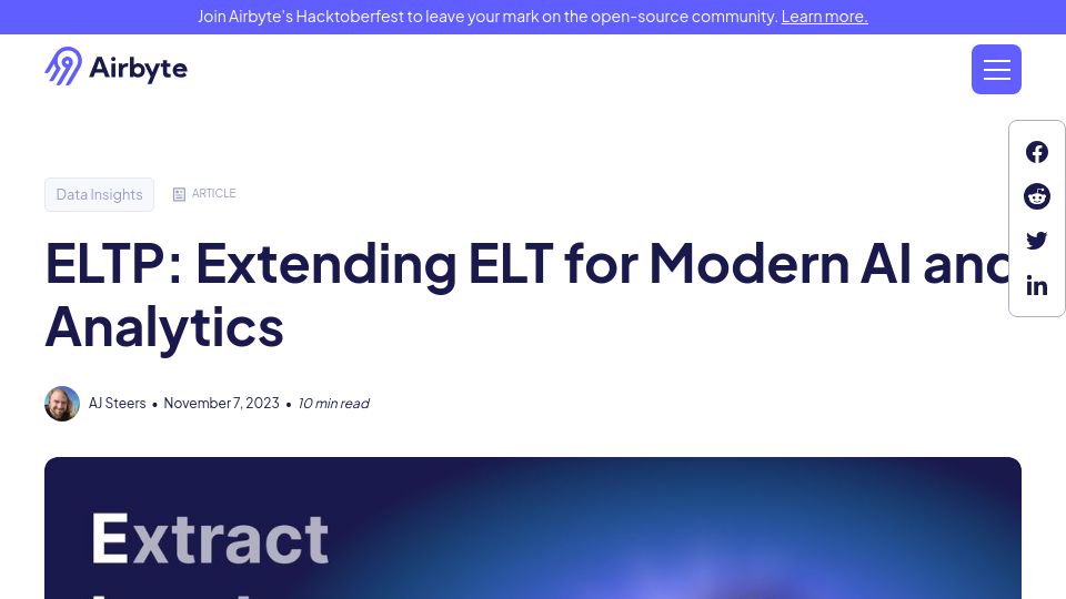 Screenshot of airbyte.com: ELTP: Extending ELT for Modern AI and Analytics