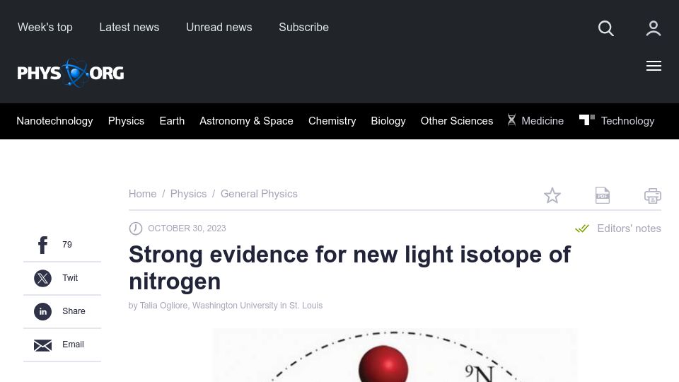 Screenshot of phys.org: Strong evidence for new light isotope of nitrogen