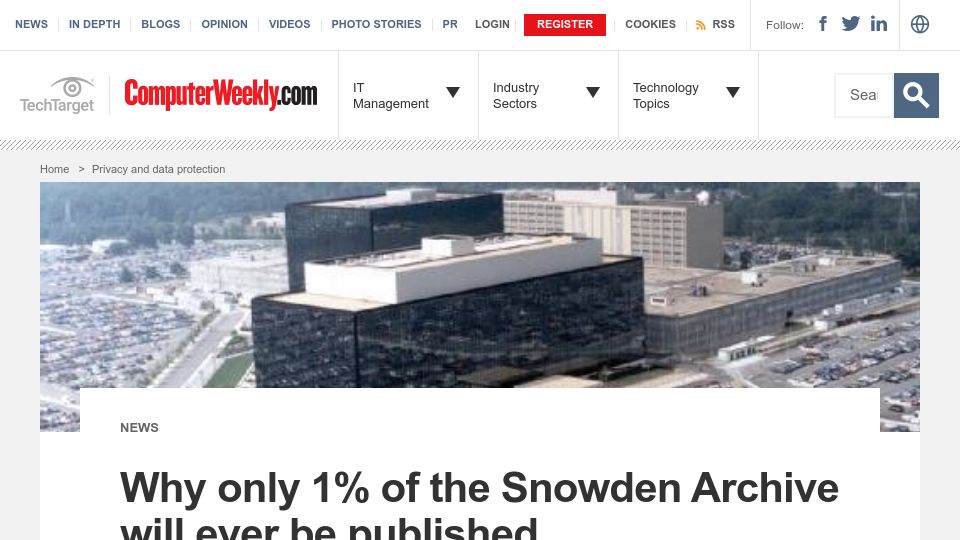 Screenshot of computerweekly.com: Why only 1% of the Snowden Archive will ever be published