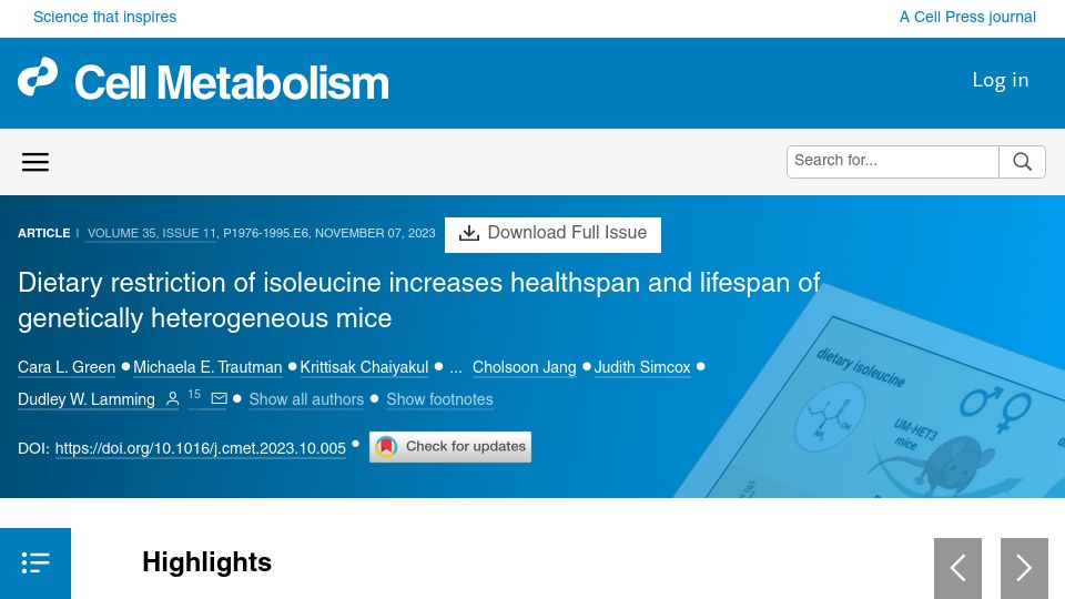 Screenshot of cell.com: Dietary restriction of isoleucine increases healthspan and lifespan in mice