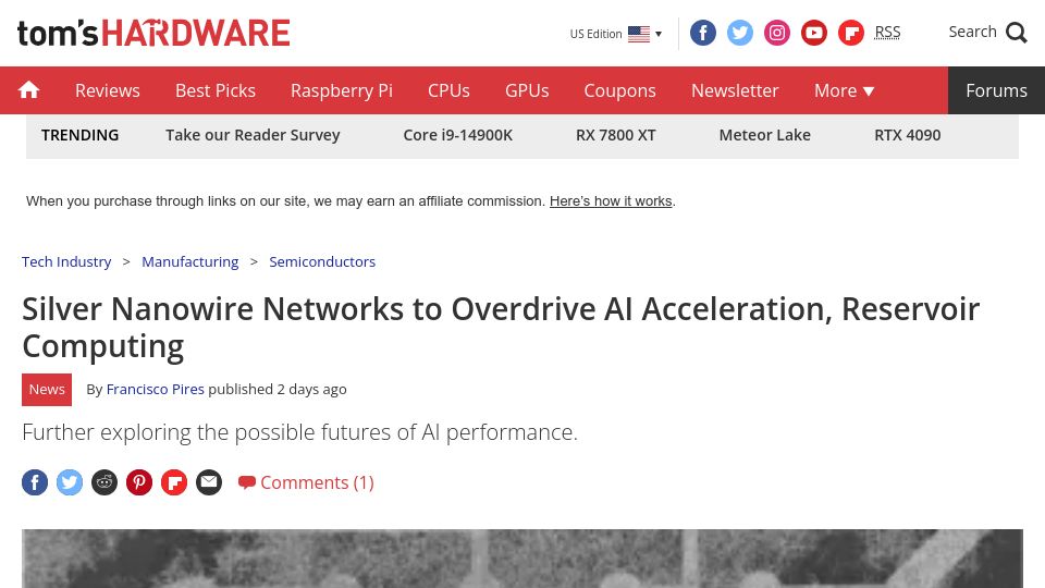 Screenshot of tomshardware.com: Silver Nanowire Networks to Overdrive AI Acceleration, Reservoir Computing