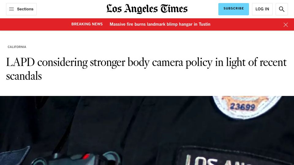 Screenshot of latimes.com: LAPD considering stronger body camera policy in light of recent scandals
