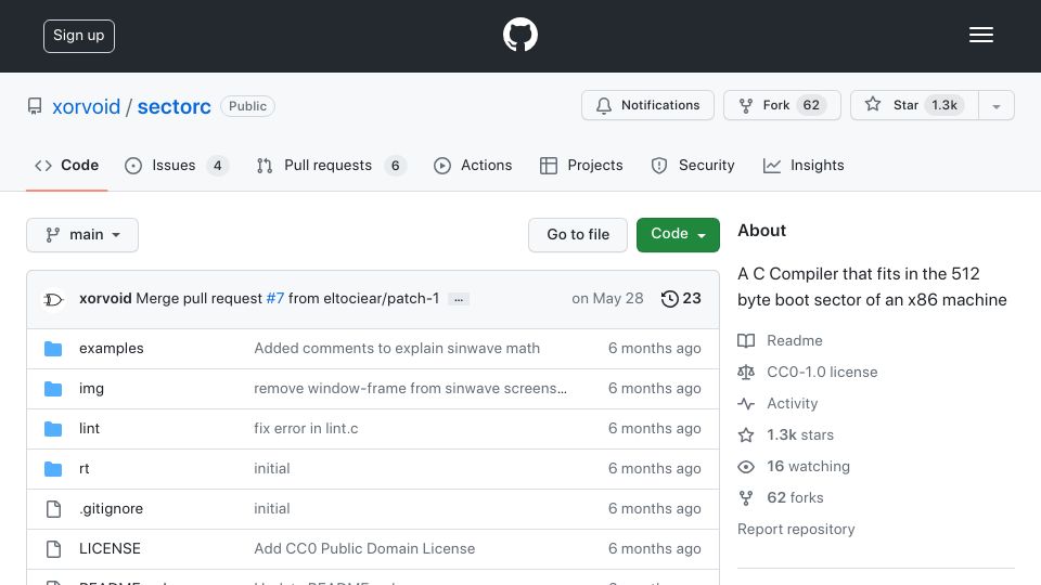 Screenshot of github.com: A C Compiler that fits in the 512 byte boot sector of an x86 machine