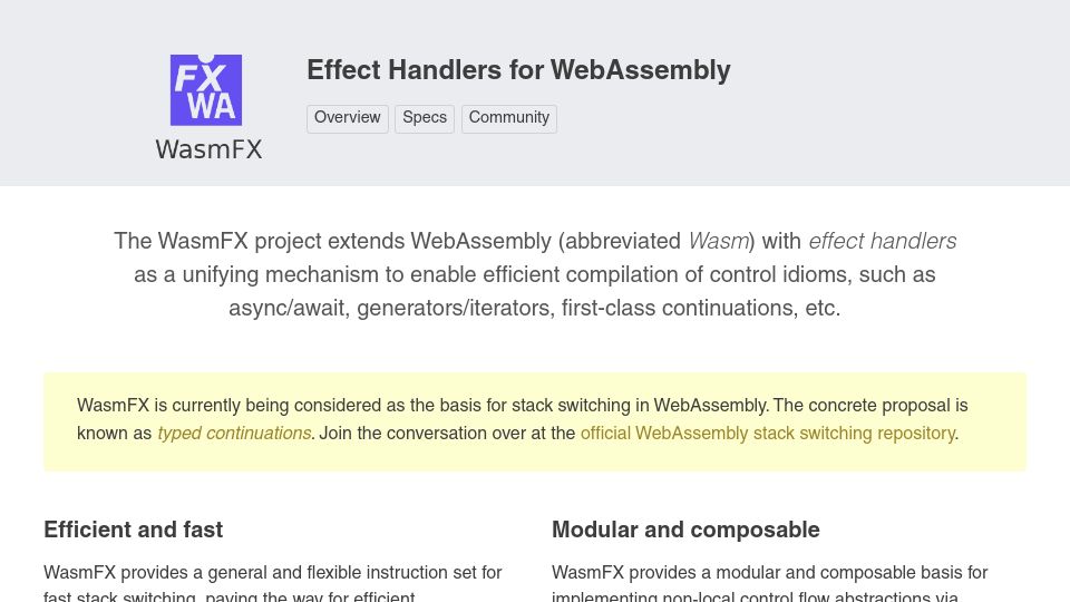 Screenshot of wasmfx.dev: WasmFX: Effect Handlers for WebAssembly