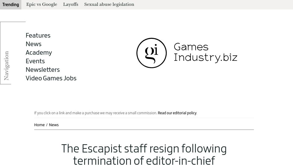 Screenshot of gamesindustry.biz: The Escapist staff resign following termination of editor-in-chief Nick Calandra