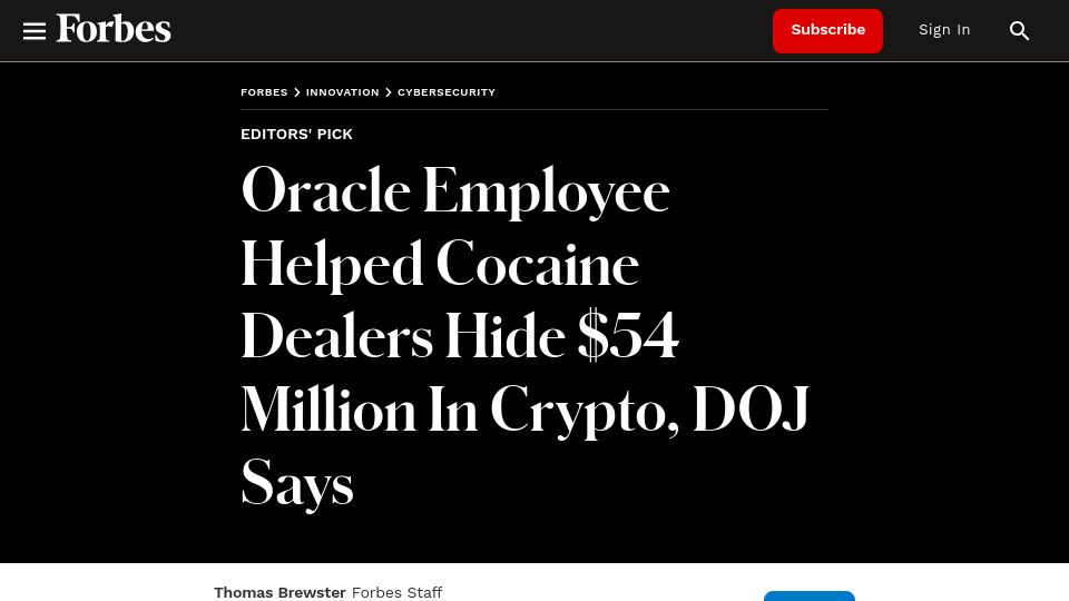 Screenshot of forbes.com: Oracle Employee Helped Cocaine Dealers Hide $54M in Crypto, DOJ Says