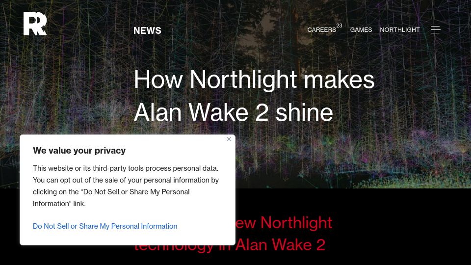 Screenshot of remedygames.com: Northlight technology in Alan Wake 2