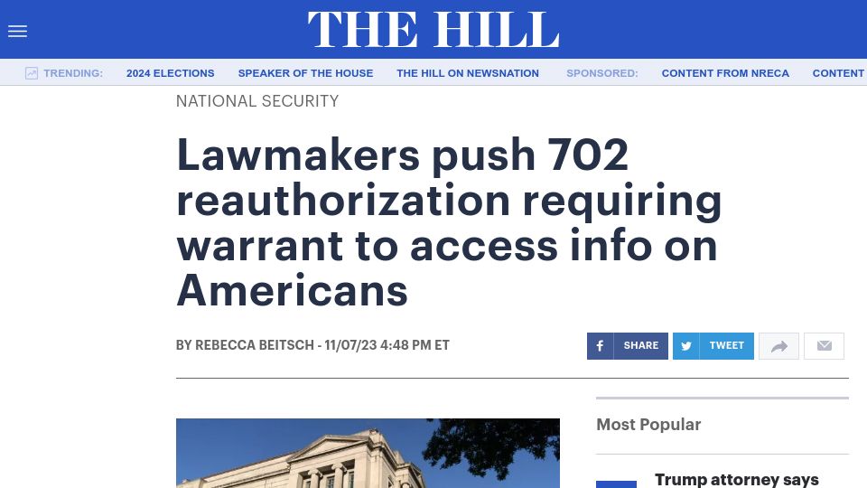 Screenshot of thehill.com: Lawmakers push 702 reauthorization requiring warrant to access info on Americans