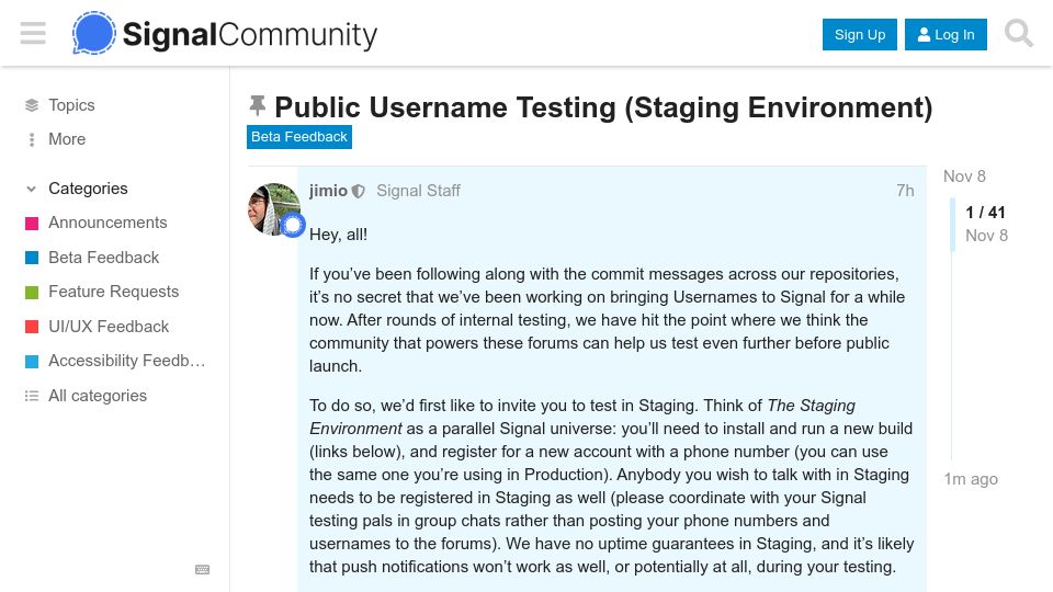 Screenshot of community.signalusers.org: Signal Public Username Testing (Staging Environment)