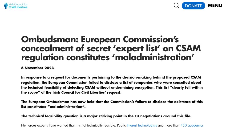 Screenshot of iccl.ie: EU's concealment of secret 'expert list' on CSAM regulation is maladministration
