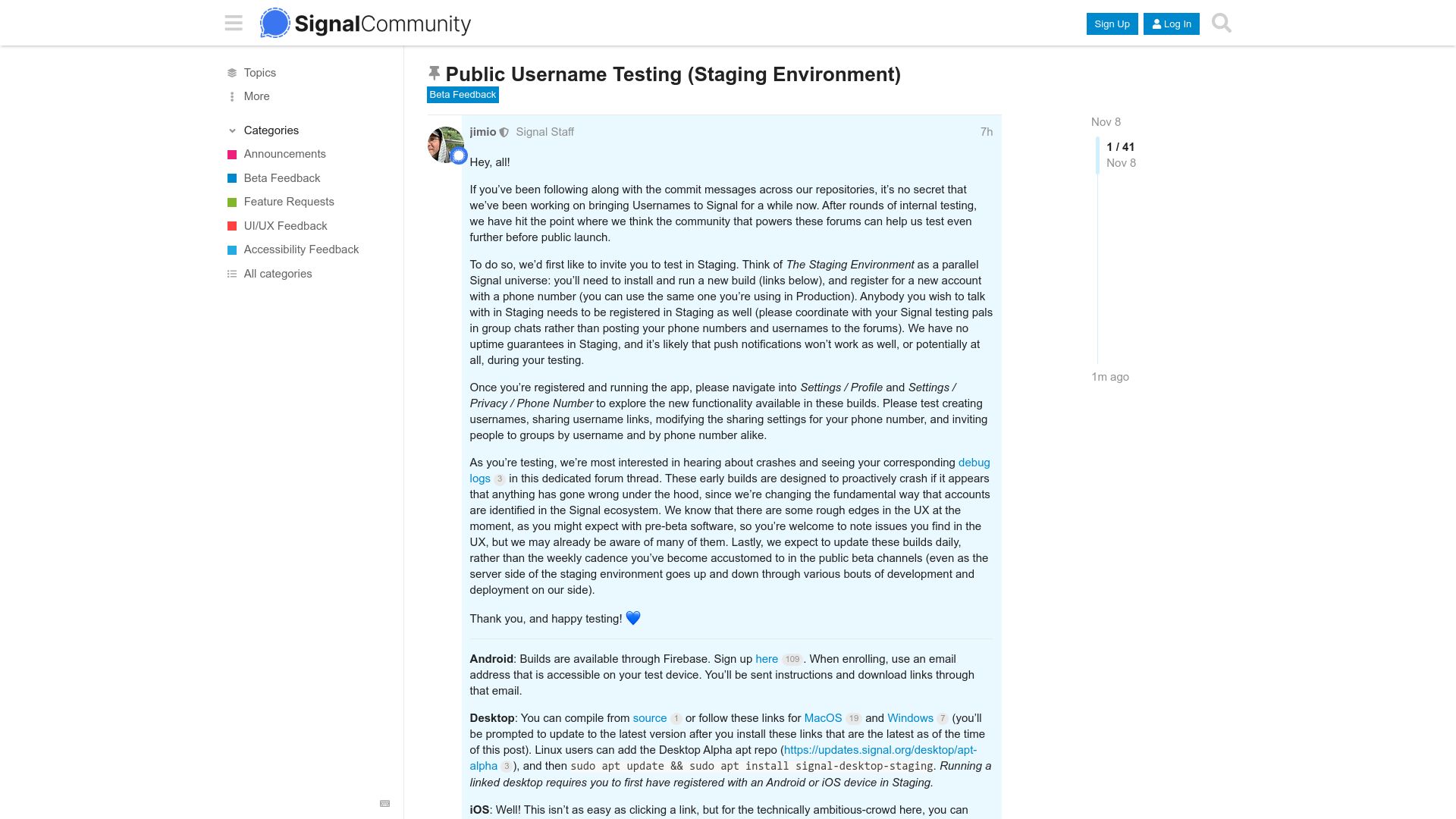 Screenshot of community.signalusers.org: Signal Public Username Testing (Staging Environment)