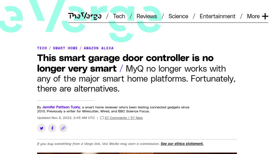 Screenshot of theverge.com: Smart garage door controller is no longer smart