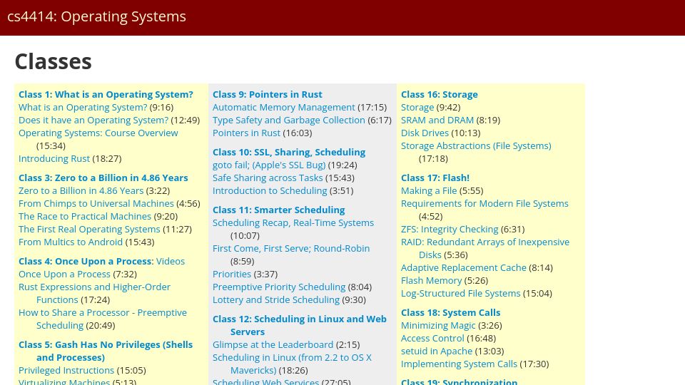 Screenshot of rust-class.org: Operating systems with Rust – video lectures (2014)