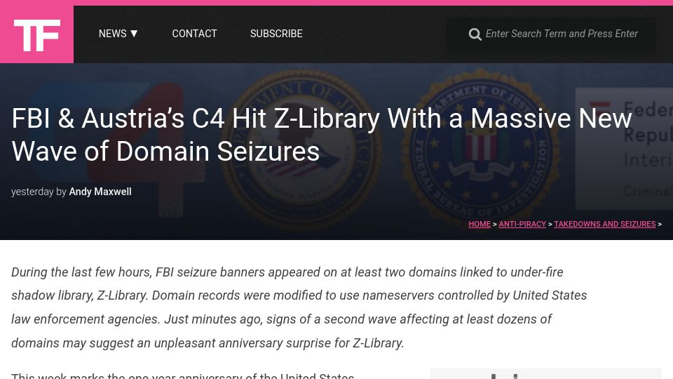 Screenshot of torrentfreak.com: FBI and Austria's C4 Hit Z-Library with a New Wave of Domain Seizures