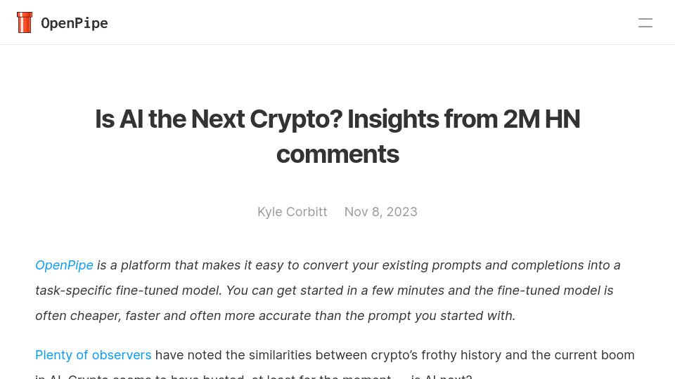 Screenshot of openpipe.ai: Is AI the next crypto? Insights from HN comments