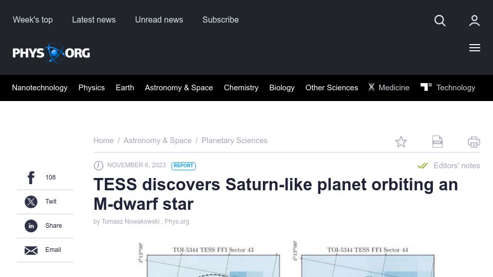 Screenshot of phys.org: TESS discovers Saturn-like planet orbiting an M-dwarf star