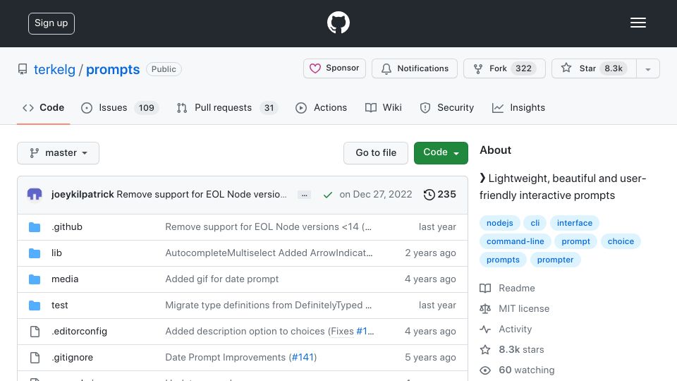 Screenshot of github.com: Prompts – Lightweight, beautiful and user-friendly interactive prompts