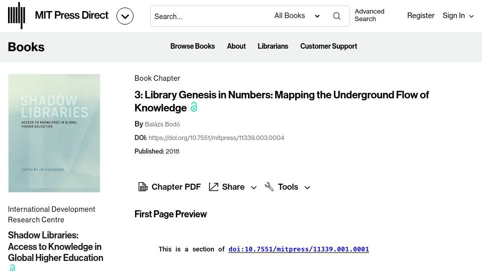 Screenshot of direct.mit.edu: Library Genesis in Numbers: Mapping the Underground Flow of Knowledge (2018) [pdf]