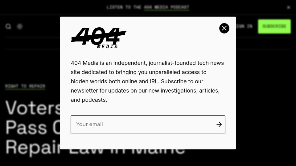 Screenshot of 404media.co: Voters Overwhelmingly Pass Car Right to Repair Law in Maine