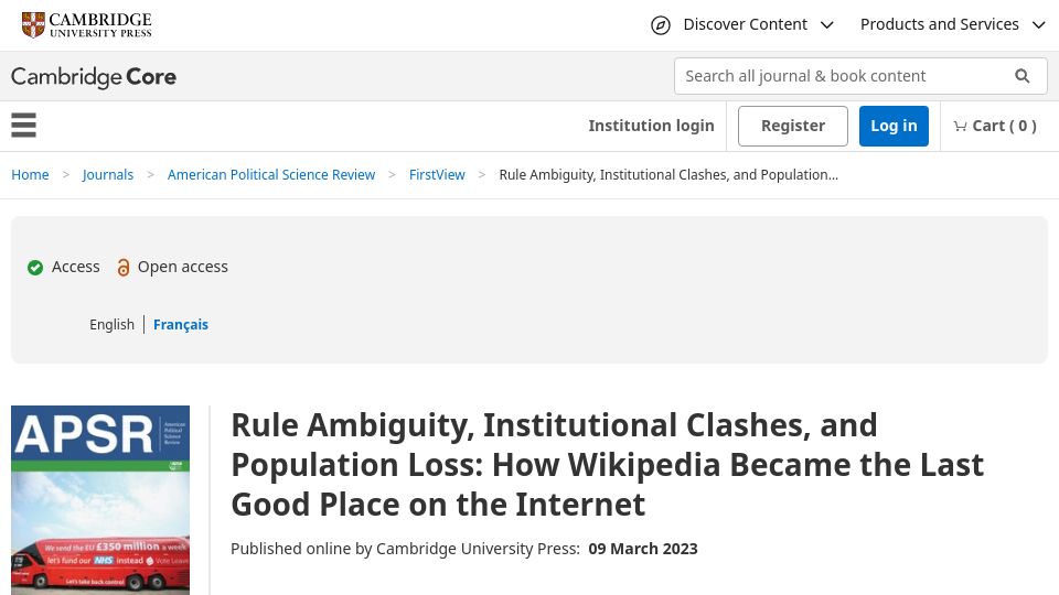 Screenshot of cambridge.org: How Wikipedia became the last good place on the internet