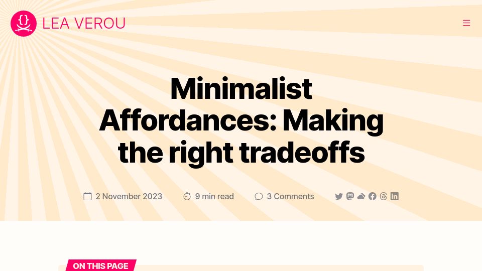 Screenshot of lea.verou.me: Minimalist Affordances: Making the Right Tradeoffs