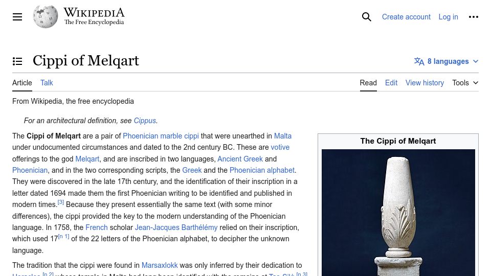 Screenshot of en.wikipedia.org: Cippi of Melqart