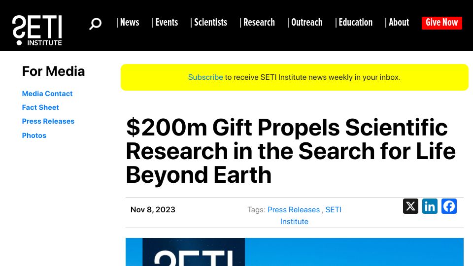 Screenshot of seti.org: $200M gift propels scientific research in the search for life beyond Earth