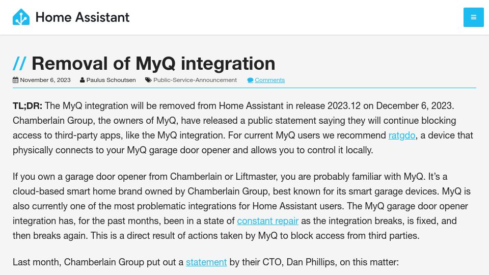 Screenshot of home-assistant.io: Home Assistant blocked from integrating with Garage Door opener API