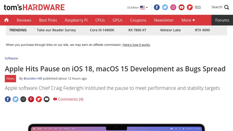 Screenshot of tomshardware.com: Apple Hits Pause on iOS 18, macOS 15 Development as Bugs Spread