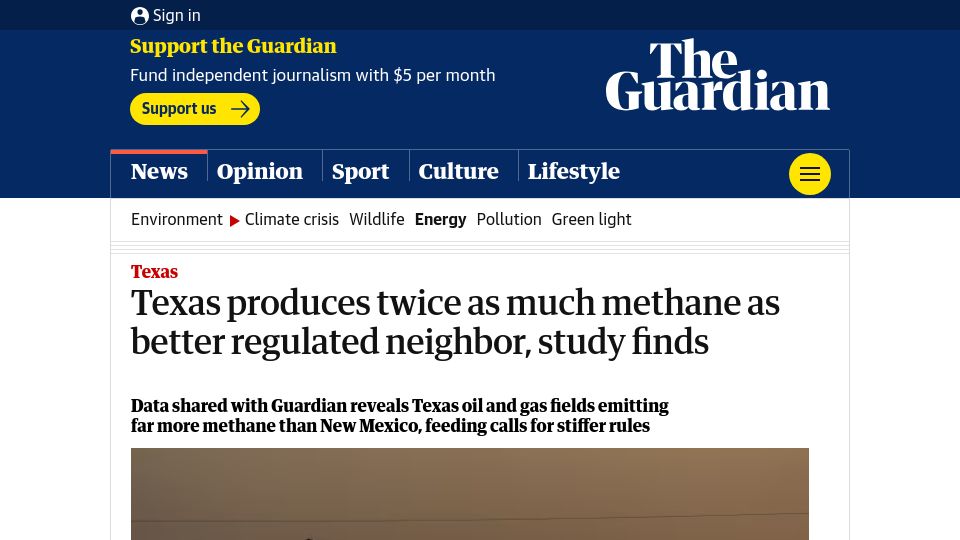 Screenshot of theguardian.com: Oil and gas production in Texas produces twice as much methane as in New Mexico