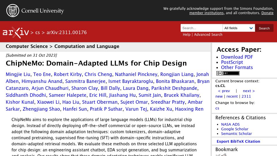 Screenshot of arxiv.org: ChipNeMo: Domain-Adapted LLMs for Chip Design
