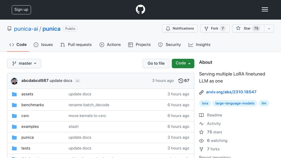Screenshot of github.com: Punica: Serving multiple LoRA finetuned LLM as one