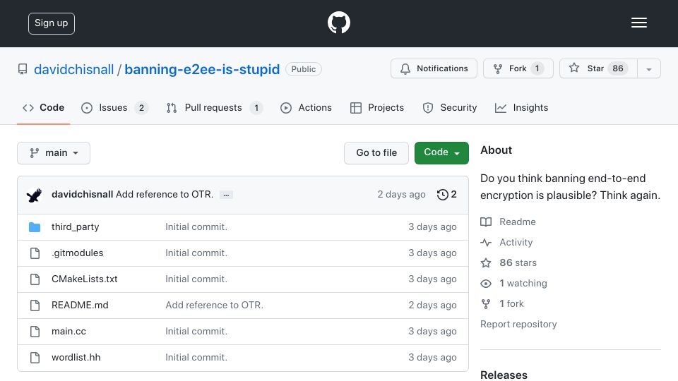 Screenshot of github.com: Banning E2EE is stupid