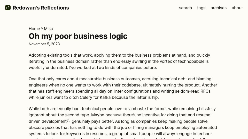 Screenshot of rednafi.com: Oh my poor business logic