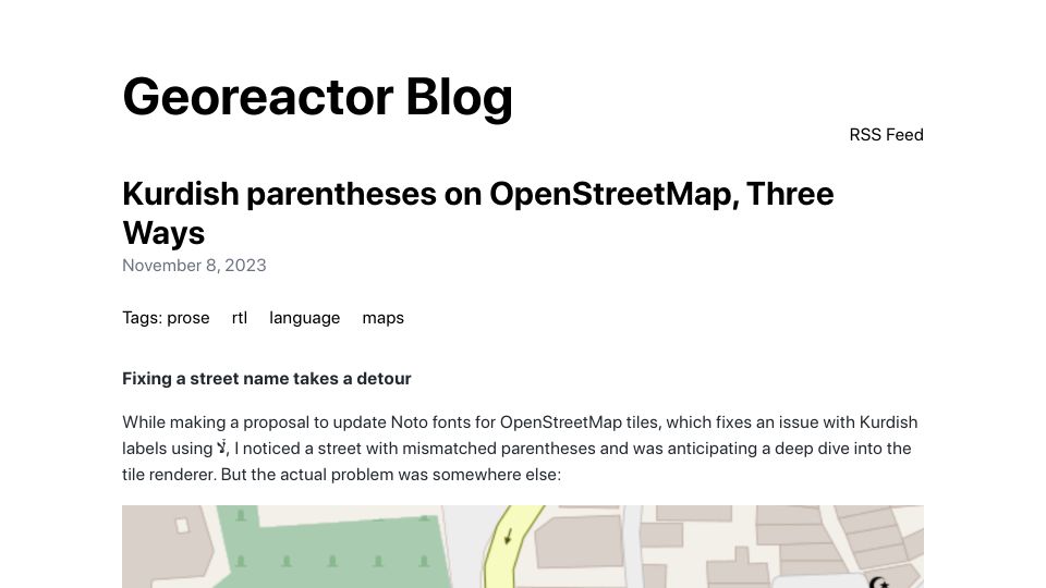 Screenshot of blog.georeactor.com: Kurdish Parentheses on OpenStreetMap, Three Ways