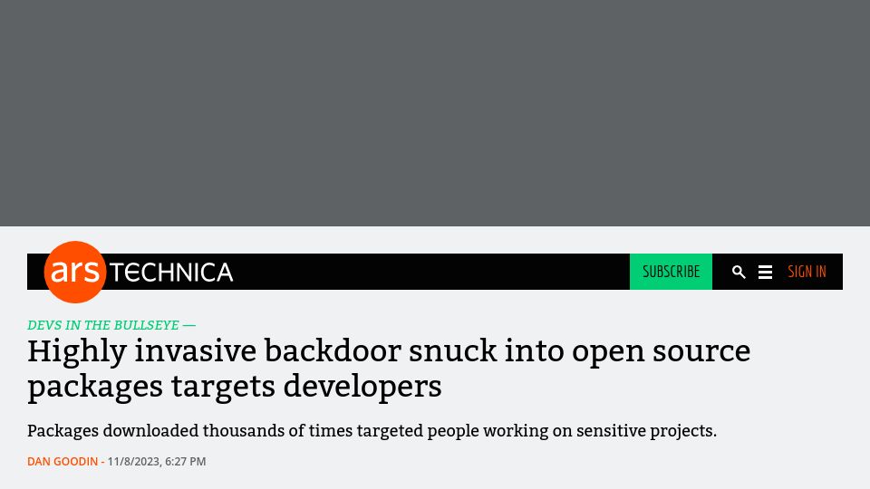 Screenshot of arstechnica.com: Highly invasive backdoor snuck into open source packages targets developers