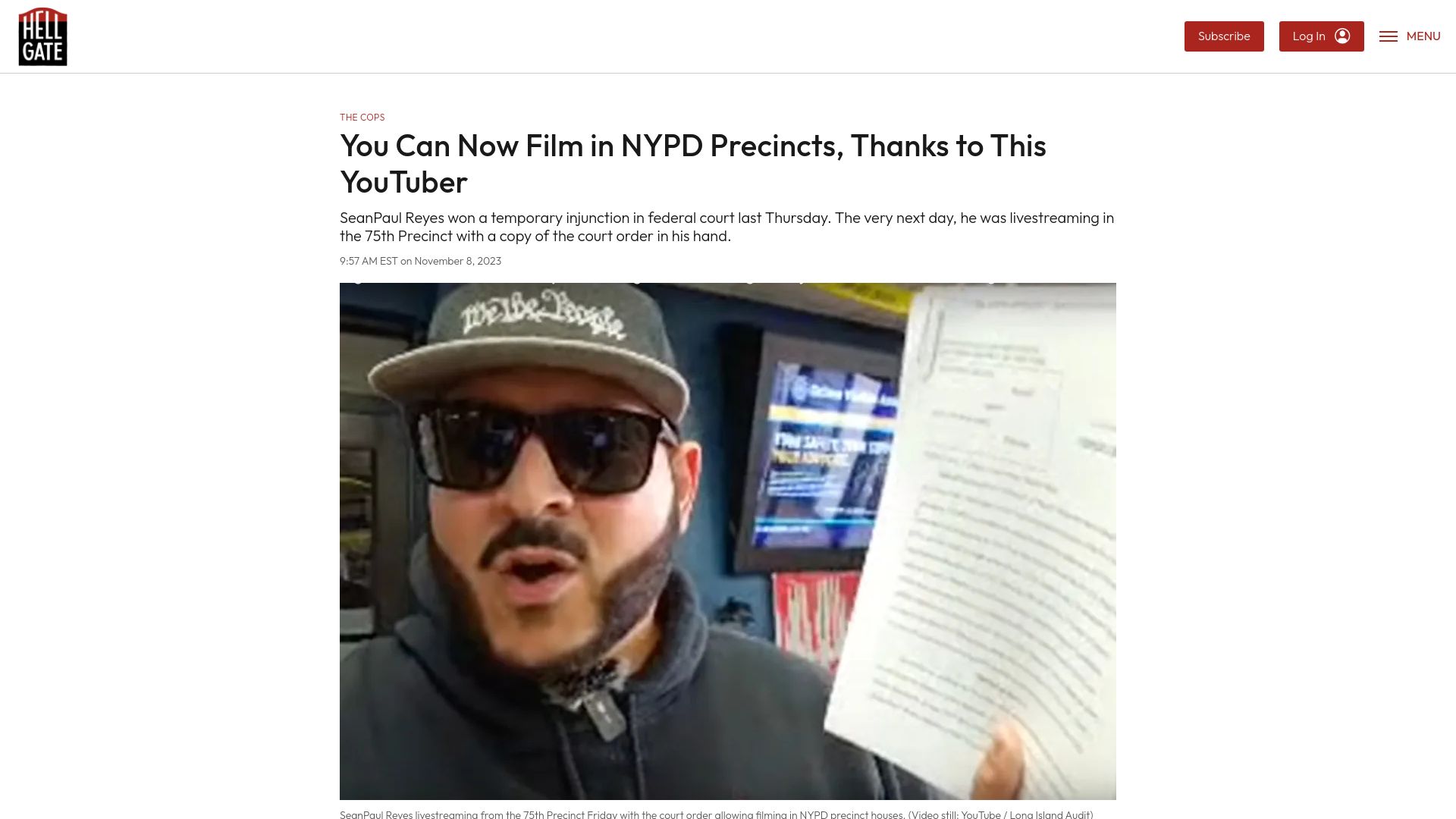 Screenshot of hellgatenyc.com: NYPD barred from telling people they can't film in precinct stations