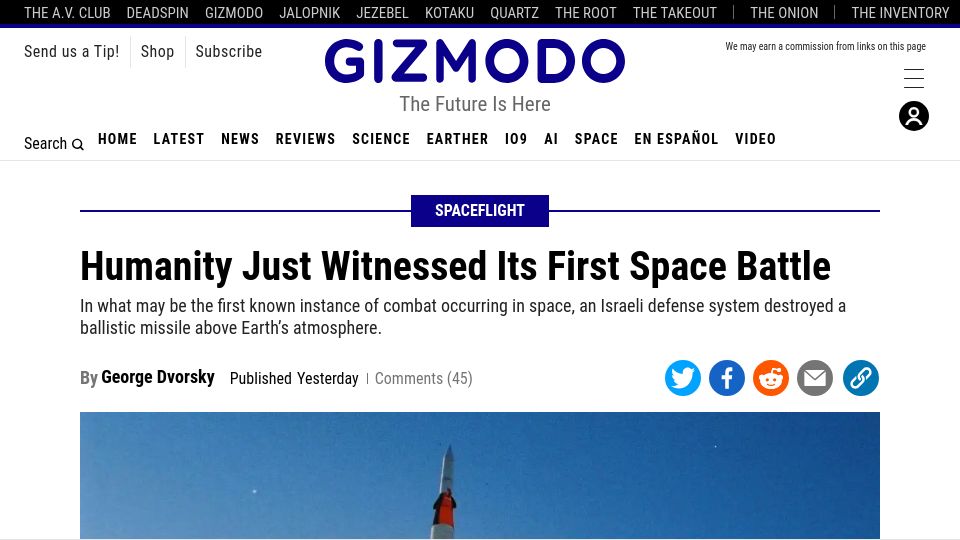 Screenshot of gizmodo.com: Humanity Just Witnessed Its First Space Battle