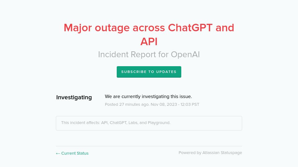 Screenshot of status.openai.com: Another Major Outage Across ChatGPT and API
