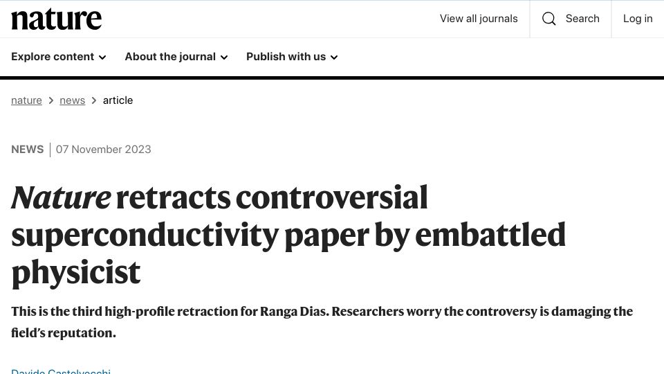 Screenshot of nature.com: Nature retracts controversial superconductivity paper by embattled physicist