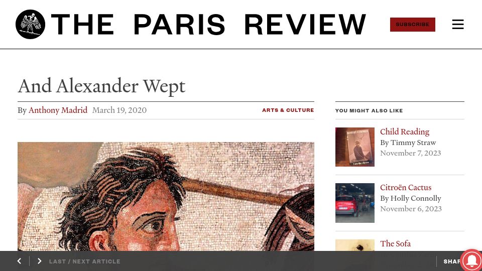 Screenshot of theparisreview.org: And Alexander Wept (2020)