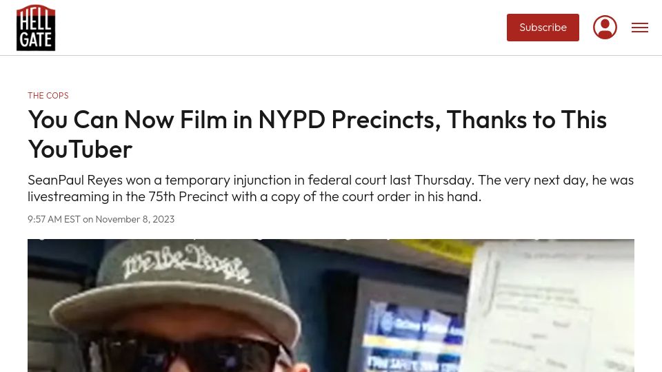 Screenshot of hellgatenyc.com: NYPD barred from telling people they can't film in precinct stations
